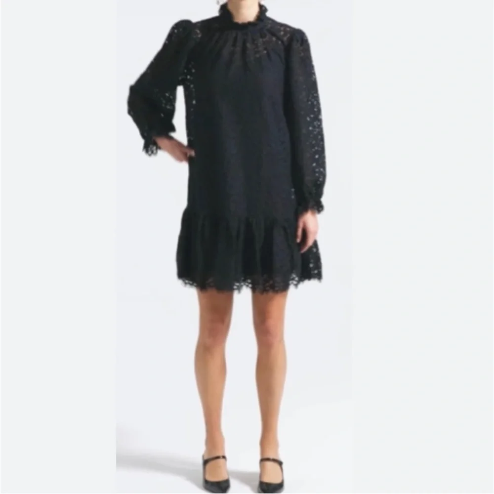 J Crew Ruffle Neck Dress in Black Lace